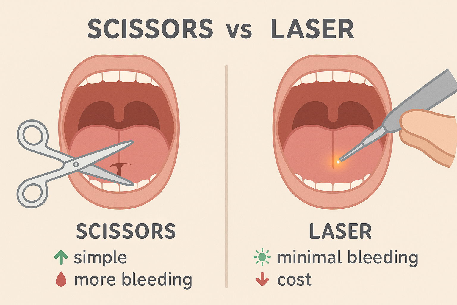 Comparative diagram of scissors vs. laser treatment